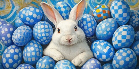 A cheerful Easter Bunny surrounded by blue checkered eggs brings a playful spirit to the celebration, evoking joy and festive fun with its vibrant colors and charm.