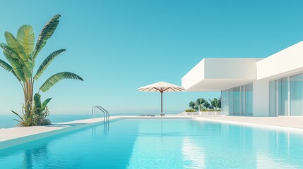 Fototapeta premium Relaxing at a Private Pool by the Beach in a Luxurious Hotel or Vacation Home, Perfect for a Calm and Rejuvenating Getaway