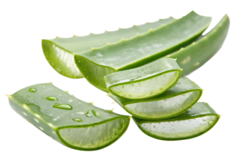 Slides, pieces of green fresh aloe vera. isolated on white background as transparent. PNG. AI GENERATED.