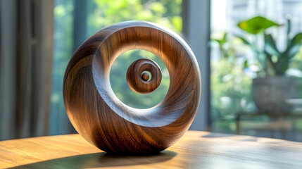 A wooden spiral sculpture resting on a table in front of a window