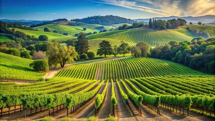 Fototapeta premium Rolling hills of a vineyard with lush green vines and sprawling trees, vineyard landscape, rustic scenery