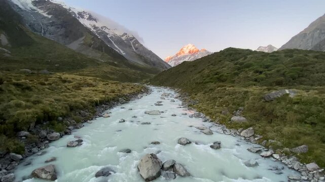 Beautiful landscape view of Mount cook over the hooker river at Hooker valley walking track, Mount Cook National Park, New Zealand 