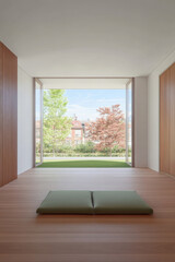 Fototapeta premium Modern minimalist interior with green mat and large windows overlooking a garden on a sunny day