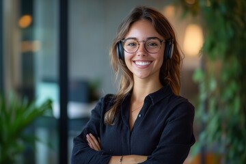 Fototapeta premium A smiling customer service representative wearing glasses and a headset, standing