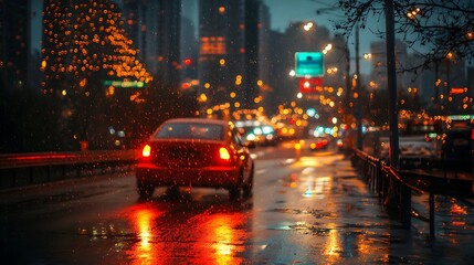 Cityscape at Night with Rain and a Car in the Foreground Blank Background with Copy Space for Design Projects