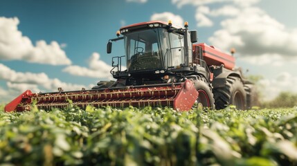 Fototapeta premium Red Tractor Harvesting in a Field