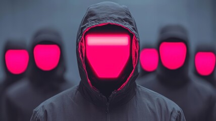 Hacker group symbolized by glowing anonymous masks, surrounded by encrypted data streams, hacktivism  hacking, resistance