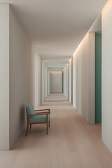 Fototapeta premium Minimalist hallway with a single chair creating a serene and inviting atmosphere