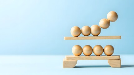 Creative balance wooden balls on shelves against blue background