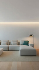 Modern minimalist living room with cozy white sectional sofa and ambient lighting