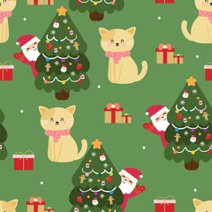 Seamless pattern cartoon cat with christmas tree. and santa claus cute christmas and winter wallpaper for fabric print, gift wrap paper