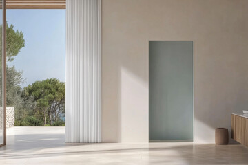 Modern interior design showcasing minimalist architecture and serene landscape view in daylight