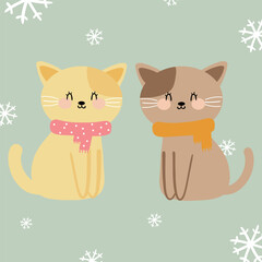 Hand drawing cartoon cat sticker set. cute animal with winter drawing, doodle set
