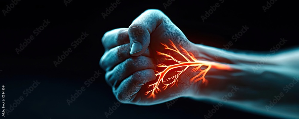 Poster close-up of a fist with glowing neural-like patterns on the forearm.
