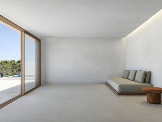 Modern minimalist interior design of a spacious living area with natural light and outdoor access