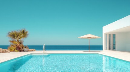 Fototapeta premium Relaxing at a Private Pool by the Beach in a Luxurious Hotel or Vacation Home, Perfect for a Calm and Rejuvenating Getaway