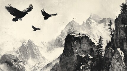 Obraz premium Raven Flight Over Snowy Mountain Peaks