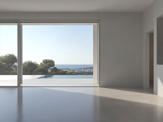 Obraz premium Modern minimalist interior with panoramic sea view and natural light in a coastal home