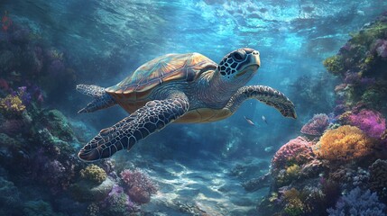 Obraz premium Sea Turtle Swimming Through Vibrant Coral Reef