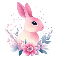 A cute pink rabbit surrounded by pastel flowers, perfect for spring or Easter-themed designs.