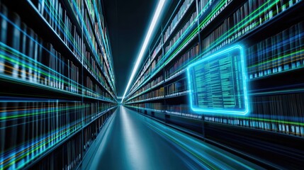 Naklejka premium Futuristic data storage library with glowing elements and shelves, digital concept.