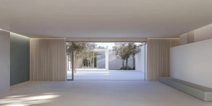 Modern minimalist interior with large windows showcasing a serene courtyard and trees