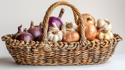 A wicker basket filled with fresh onions and garlic on a white background.