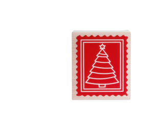 Christmas tree stamp design on a red background, white isolation.