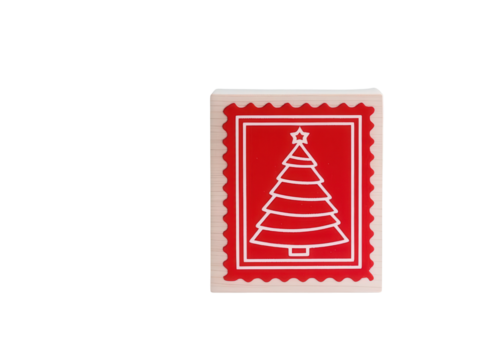 Christmas tree stamp design on a red background, white isolation.