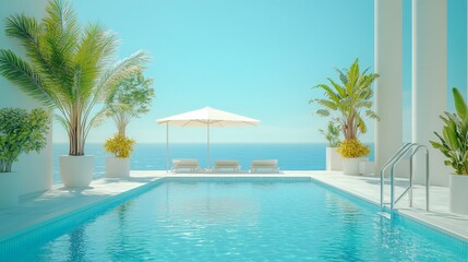 Fototapeta premium Relaxing at a Private Pool by the Beach in a Luxurious Hotel or Vacation Home, Perfect for a Calm and Rejuvenating Getaway