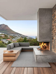Modern outdoor living area with fireplace overlooking scenic mountain view at sunset