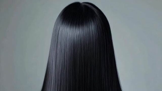 Beautiful woman with healthy and shiny hairstyle isolated on grey background.