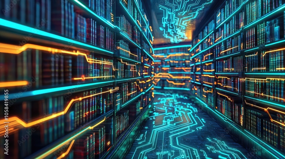 Aufkleber futuristic library with glowing circuits and digital elements.