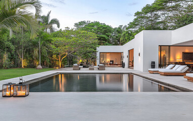Fototapeta premium Modern villa with a tranquil pool and lush garden in the evening light