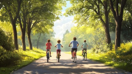 Obraz premium Four people ride bicycles down a tree-lined path on a sunny day.