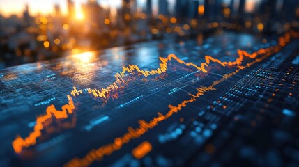 Fototapeta premium Digital financial graph with orange trends against a city backdrop.