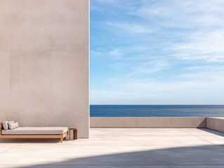 Modern minimalist terrace overlooking the serene blue ocean under a clear sky