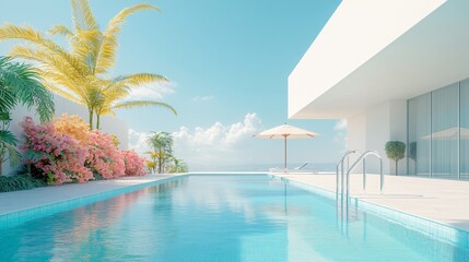 Fototapeta premium Relaxing at a Private Pool by the Beach in a Luxurious Hotel or Vacation Home, Perfect for a Calm and Rejuvenating Getaway