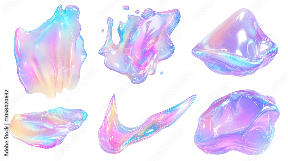 Poster holographic fluid shapes collection on a transparent background generative ai