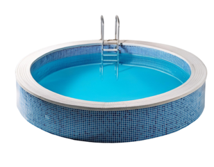 Round swimming pool with blue water and steps, isolated on white background.