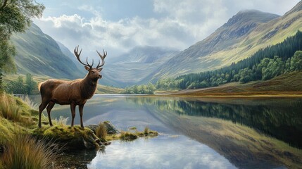 Fototapeta premium A majestic red deer stag stands on a rocky outcrop by a tranquil lake in a breathtaking Scottish valley, with lush green hills and a cloudy blue sky reflecting in the water.