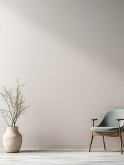 A minimalist interior featuring a green chair and a vase with branches against a neutral wall