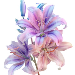 A bouquet of three pink and purple lilies with blue highlights on petals.