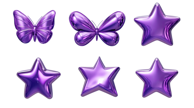 Purple Chrome Butterflies and Stars on Clear Background Generative AI
