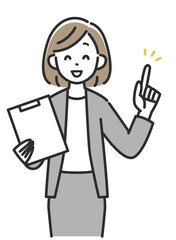 バインダーを持って上を指差すスーツ姿のビジネスウーマン女性