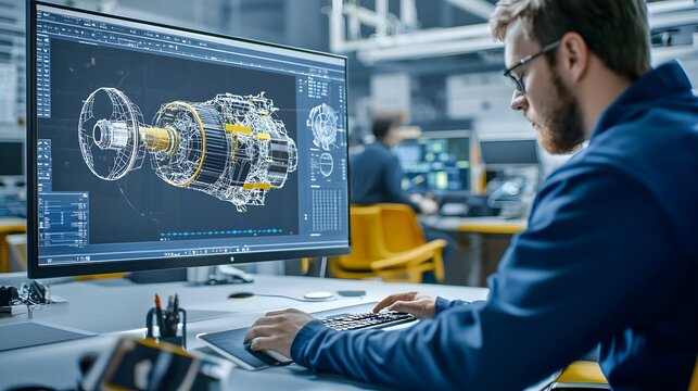 Two engineers closely examining a 3D digital model of a spacecraft on a large computer monitor in a high tech control room setting