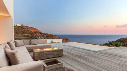 Stylish outdoor lounge area with fire pit overlooking the ocean at twilight