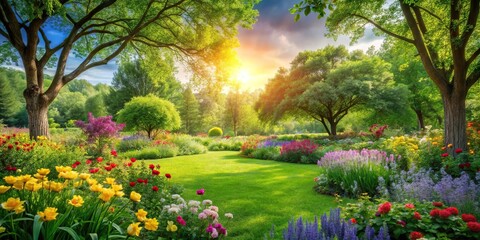 Obraz premium Lush green garden with vibrant flowers and trees in a sunny meadow, garden, gardening, foliage, botanical, outdoor space