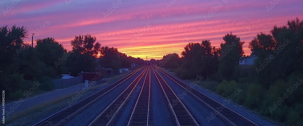 Poster a scenic view of railroad tracks leading into the distance at sunset. the sky is a vibrant mix of pi