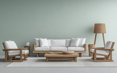 Modern living room setup with wooden furniture and light-colored decor in a serene environment
